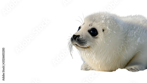 Cute small white baby seal pup sitting and looking forward with big dark wet eyes on transparent background