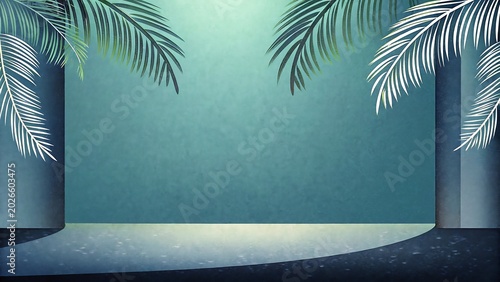 Summer abstract tropical horizontal background, cover, banner, card set. Modern poster with simple tropical leaves, wave, flowers. Vacation time, travel, beach concept. Trendy minimalist illustration.