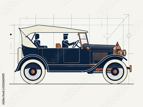 Obraz na płótnie Vintage Antique Touring Car Vector Illustration with Chauffeur and Passenger, Mi