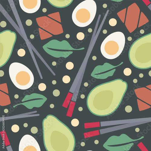 Seamless pattern with healthy food elements on a dark background. Modern flat vector illustration featuring avocado halves, boiled eggs, salmon slices, spinach leaves, and chopsticks.