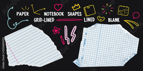 Photos vector stationery set with paper and notebook shapes on black