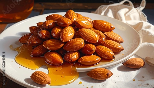 A close-up showcases a pile of glazed nuts arranged on a plate, surrounded by dripping golden syrup