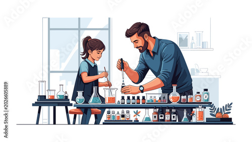 Canvastavla Father and Daughter in Science Lab: A father and his young daughter engage in a science experiment, diligently mixing colorful liquids in beakers