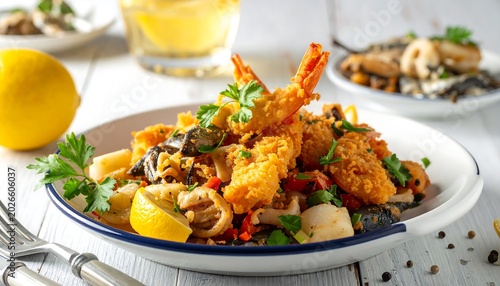 A close-up showcases a seafood medley of fried shrimp, squid, and mussels with lemon slices on a plate