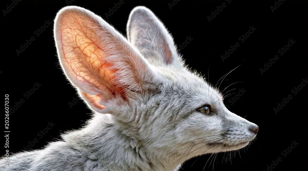 Naklejka premium Fennec Fox Portrait Wildlife Photography Desert Animal Close up Isolated Black Background Editorial Use