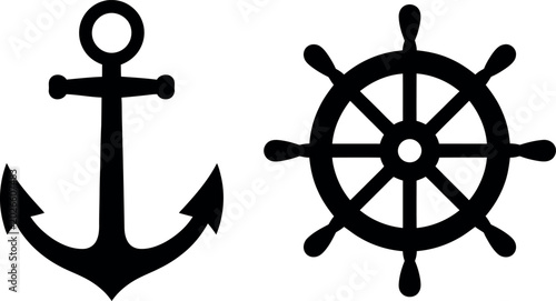 Black and white nautical anchor and ship steering wheel icon set