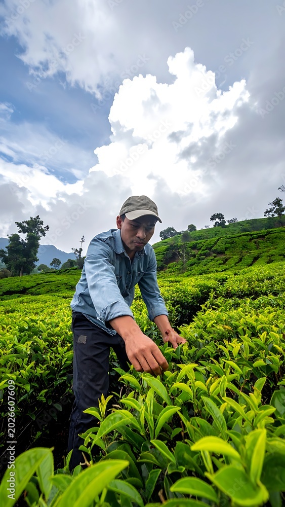 Naklejka premium A man in a cap and denim shirt picks tea leaves