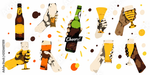 Tableau sur toile vector collage of beer bottles and hands toasting celebratory theme