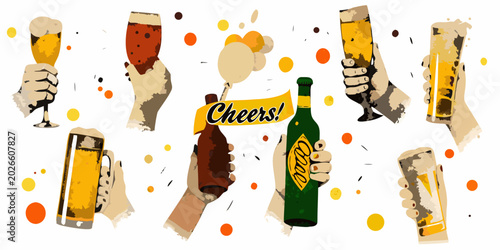 Photos vector collage of hands holding beer glasses and bottles cheers