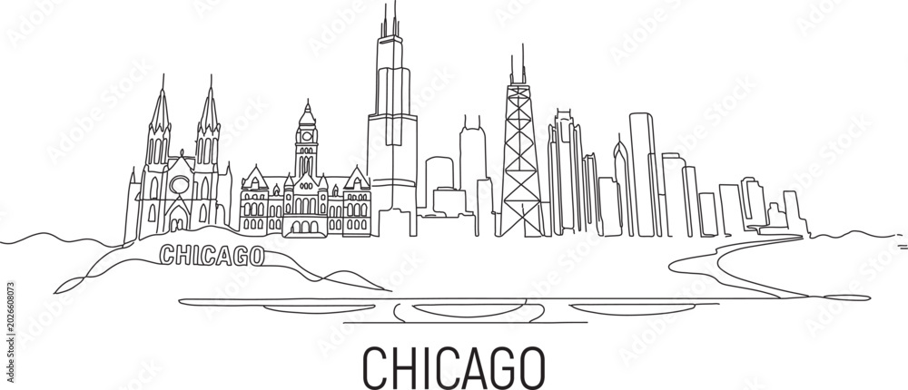 Naklejka premium Blackline sketch of Chicago's skyline