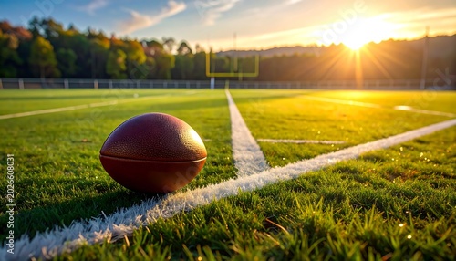 A close-up shows a football on a green field with white lines. The goal posts and a bright sunset with lens flares are in the background