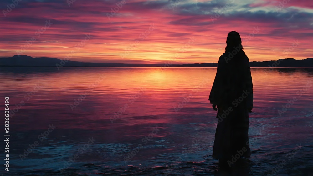 Fototapeta premium Person standing alone at serene sunset.
