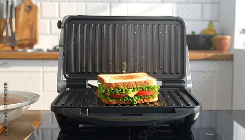 A close-up shows a sandwich inside a grill, ready to be cooked. The kitchen backdrop includes a countertop, and other items