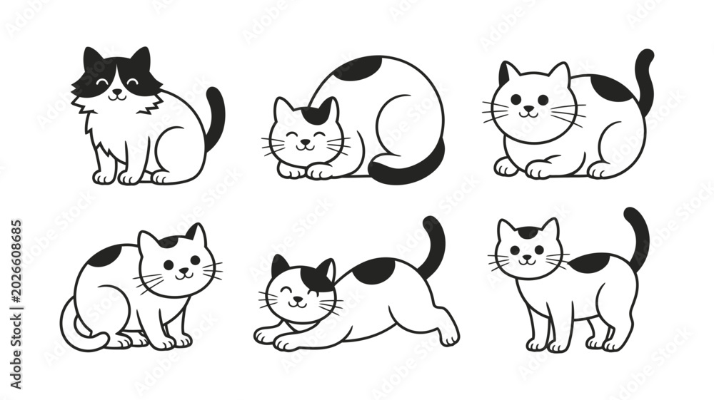 Fototapeta premium Cute cartoon cats with different fur textures and calm poses black and white adorable character domestic