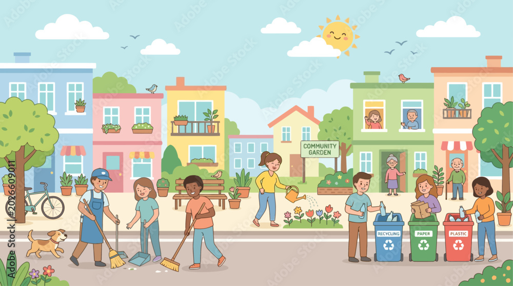 Naklejka premium Community members cleaning public area, people picking up trash, neighborhood street with colorful houses, sunny day