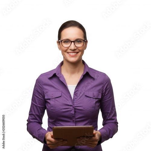 Professional woman in a purple blouse smiling confidently isolated on transparent background