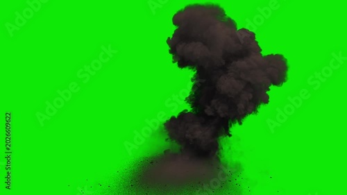 Front view of Missile Strike with side debris and dust from the ground with smoke dissipation on a perfect green background