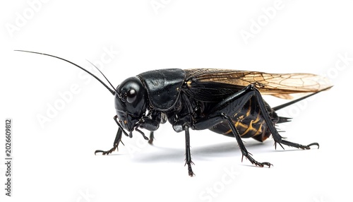A close-up side view of a large black insect with delicate wings, antennae, and multiple legs, on a bright white background