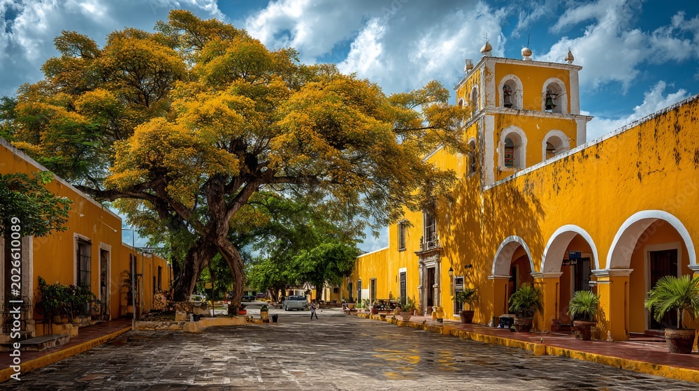 Fototapeta premium Izamal vibrant yellow colonial buildings and convent facade, wide view, daytime, Yucatan Mexico outdoor historic town architecture