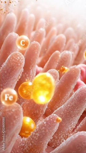 Gut health concept showing nutrient absorption intestinal villi with vitamin C, iron, zinc, and mineral molecules enhancing digestion and supporting digestive system wellness detailed microscopic