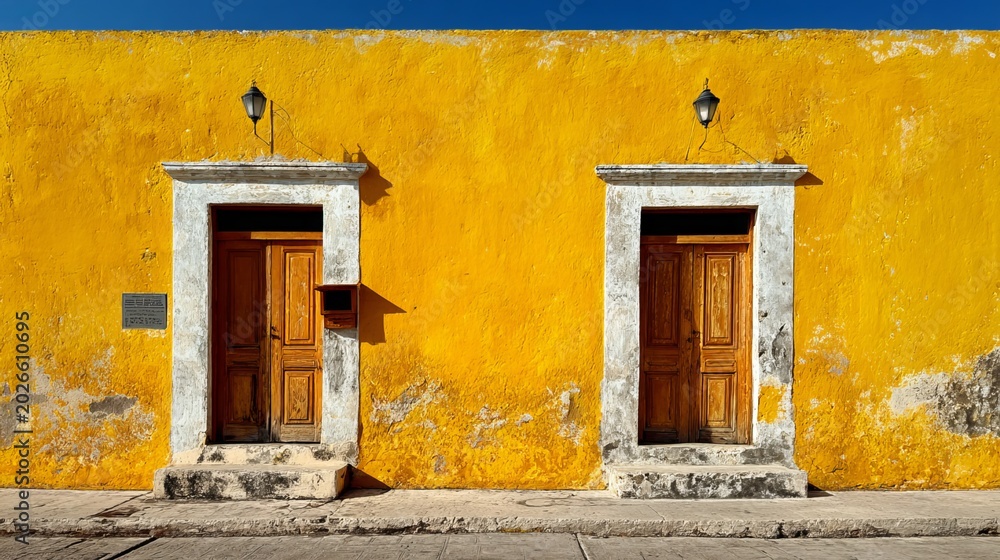 Fototapeta premium Izamal vibrant yellow colonial buildings and convent facade, wide view, daytime, Yucatan Mexico outdoor historic town architecture