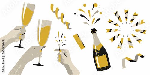 champagne celebration illustration set with glasses and confetti