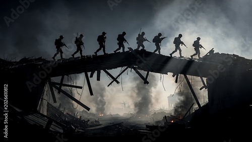 Silhouettes of people crossing damaged bridge.