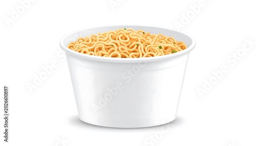 A close-up studio shot of a white paper cup overflowing with golden, cooked noodles, flecked with green herbs