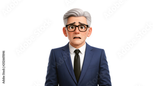 Scared mature businessman cartoon character with grey hair wearing a suit and glasses, showing a worried expression. Office worker in 3d design style