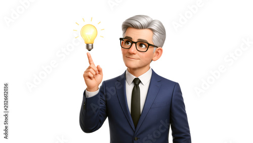 Businessman cartoon character pointing at an illuminating lightbulb expressing a new corporate strategy and creative ideas. Office worker in 3d design style