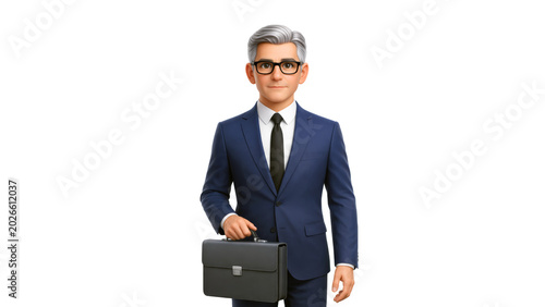Professional businessman cartoon character wearing a suit and glasses, standing with a briefcase. Office worker in 3d design style