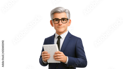 Businessman cartoon character holding a blank book, representing learning and business concepts. Office worker in 3d design style