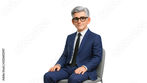 Senior businessman cartoon character wearing a blue suit and glasses, sitting professionally on chair on white background. Office worker in 3d design style