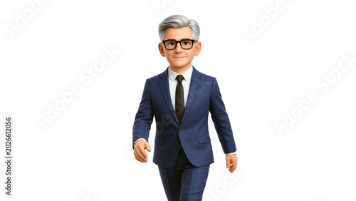 Friendly cartoon character businessman in suit and glasses walking front view against white background. Office worker in 3d design style