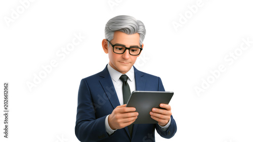 Professional cartoon character man in a suit wearing glasses and using a tablet device. Office worker in 3d design style