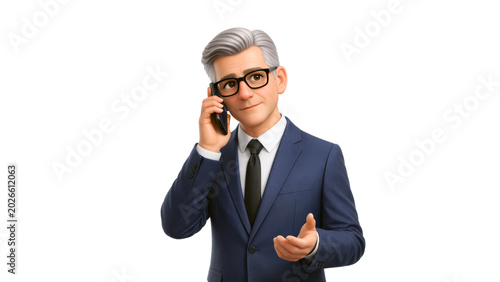 Senior businessman cartoon character in suit talking, holding phone to ear while communicating. Office worker in 3d design style
