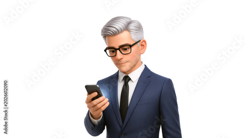 Businessman cartoon character in a suit focusing on his smartphone, representing corporate connectivity. Office worker in 3d design style