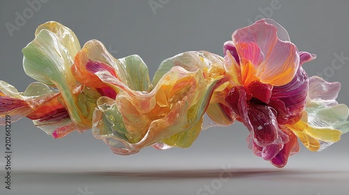 Colorful translucent gelatinous shapes with soft texture and abstract organic forms on neutral background