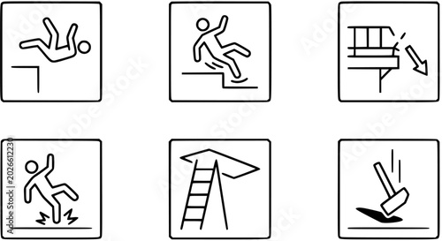 Tableau sur toile Safety Warning Icons: Falling, Tripping, Falling Objects, Ladder, Hammer - Black