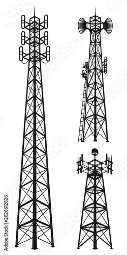 Vector illustration set of various communication and cellular towers for telecommunication networks