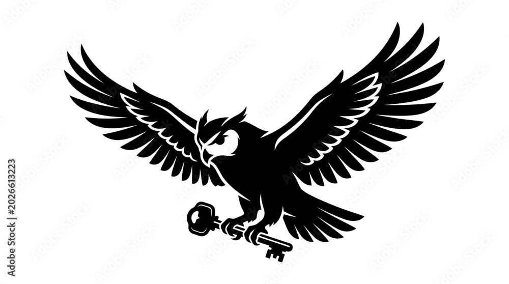 Fototapeta premium Black owl carrying key silhouette flying against white background minimalist line art