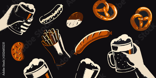 vector collage of beer sausage and snack icons on black background