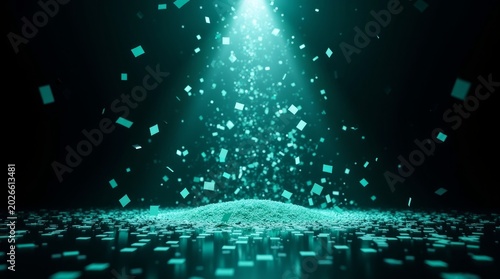 Teal confetti falling from bright light onto textured surface abstract background