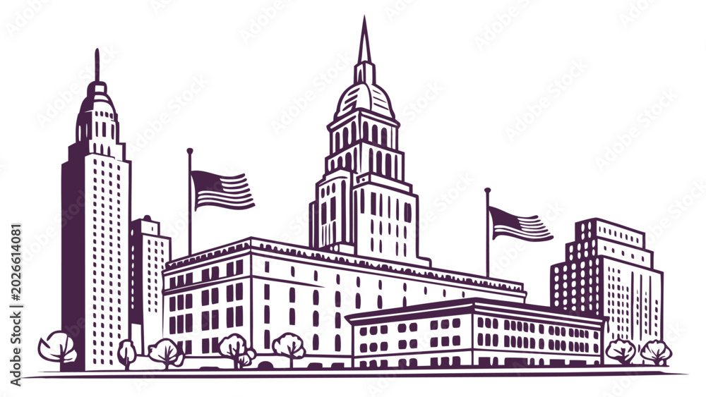 Obraz premium Detailed architectural drawing of a city skyline with american flags architecture buildings skyscraper
