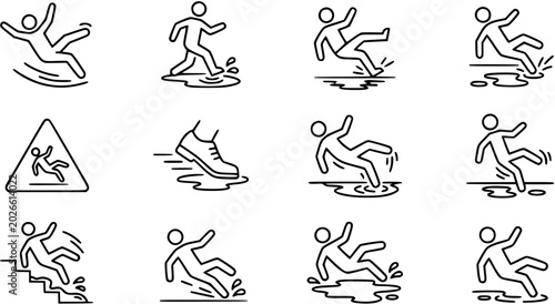Konstfotografi Black and White Line Art Icons of People Slipping and Falling on Wet Surfaces