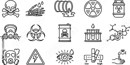 Tableau sur toile Danger Icons Set: Skull, Gas Mask, Biohazard, Radiation, Chemistry, Electricity,