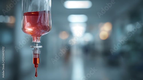 Intravenous drip bag with red fluid, in a blurred, bright hospital hallway setting