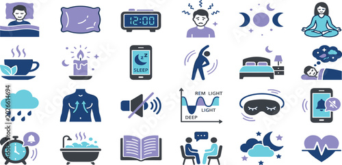 Quadro su tela Healthy Sleep Routine and Wellness Icon Set for Bedtime Habits Meditation and In