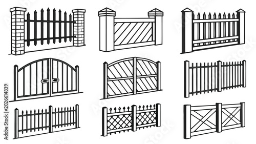 Collection of various decorative garden fence and gate designs set with collection ornamental architecture