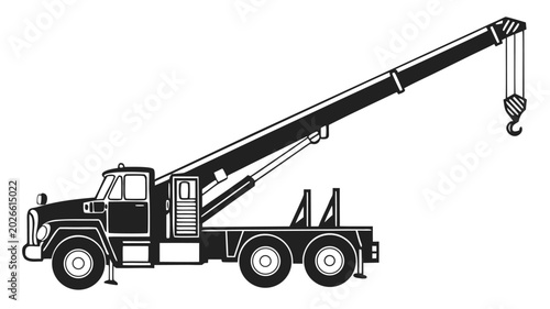 Industrial mobile crane truck vector illustration with extended telescopic boom and lifting hook, construction